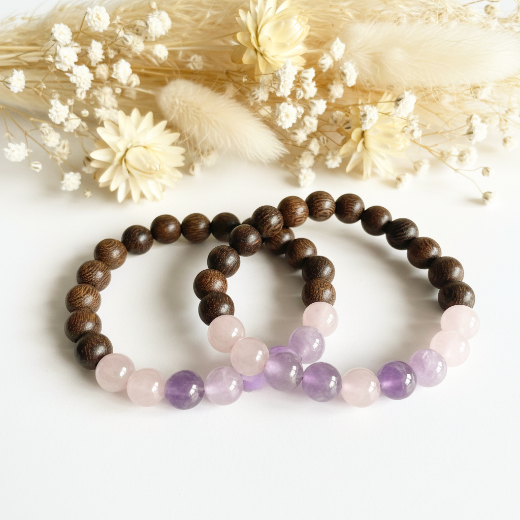 Rosenquarz-, Amethyst- und Sandelholzarmband