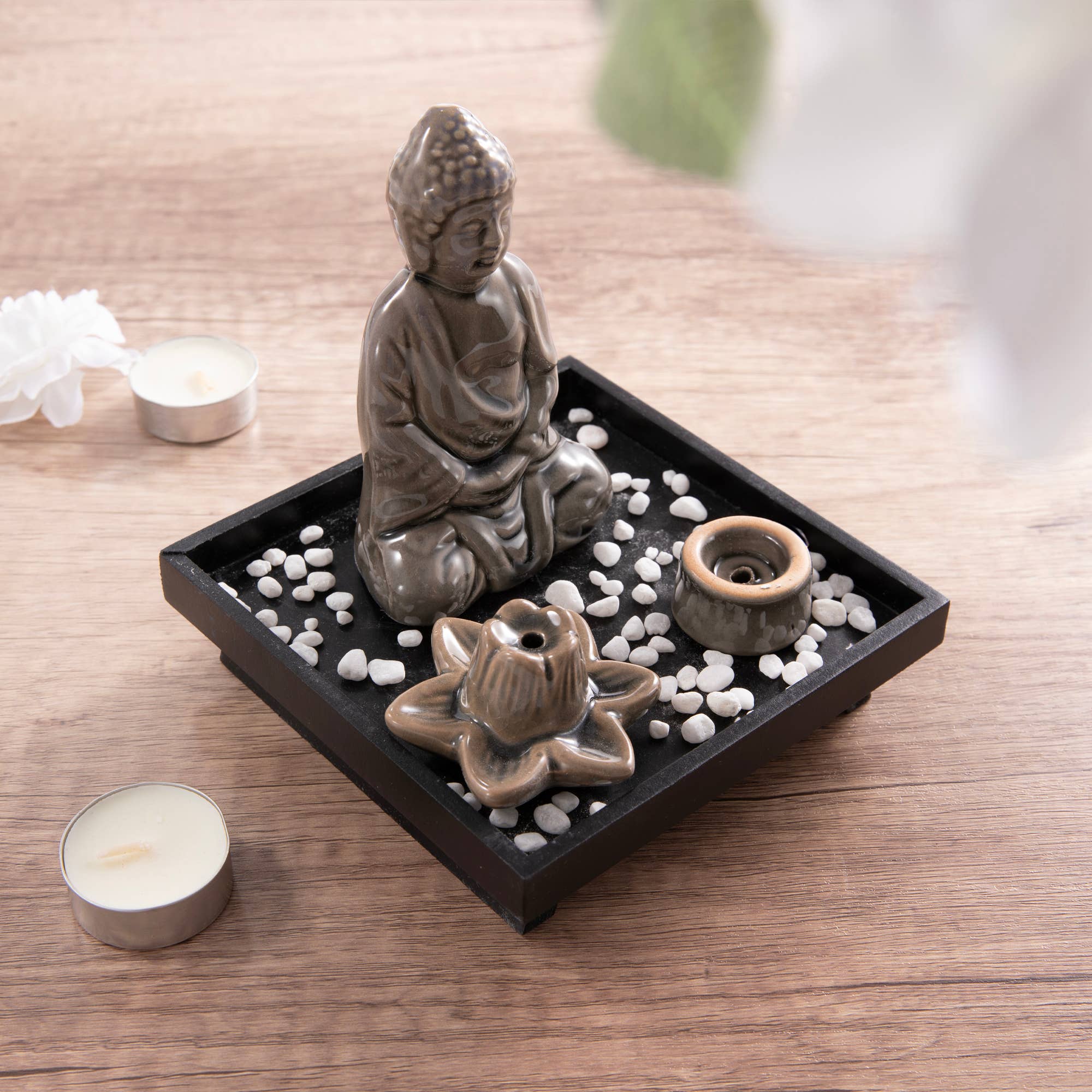 Myga Buddha Räucherset mit Lotus-Kegelhalter und Stäbchenhalter