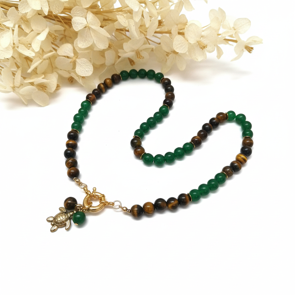 Halskette mit Tigerauge und grüner Jade