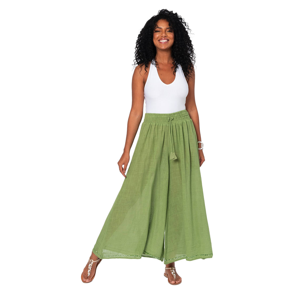 La Mano Boho lange Sommerhose aus 100 % Baumwolle in Grün