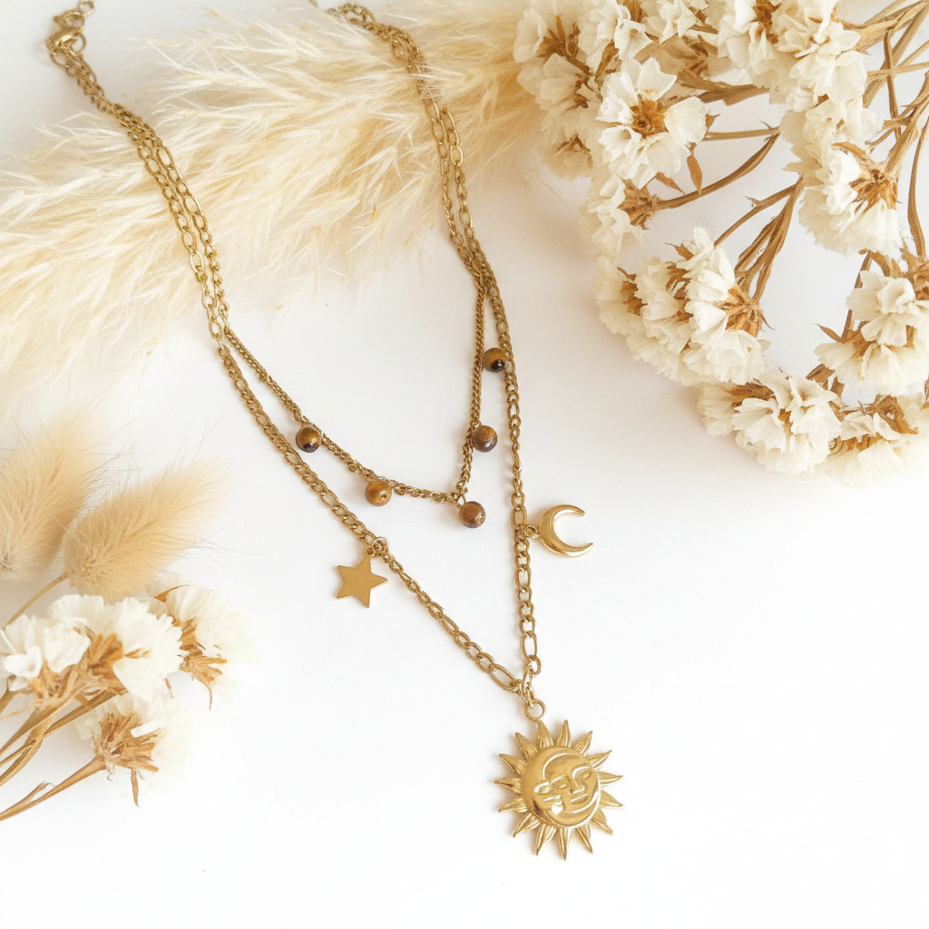 Tigerauge-Steinanhänger 2-lagige Halskette aus Edelstahl