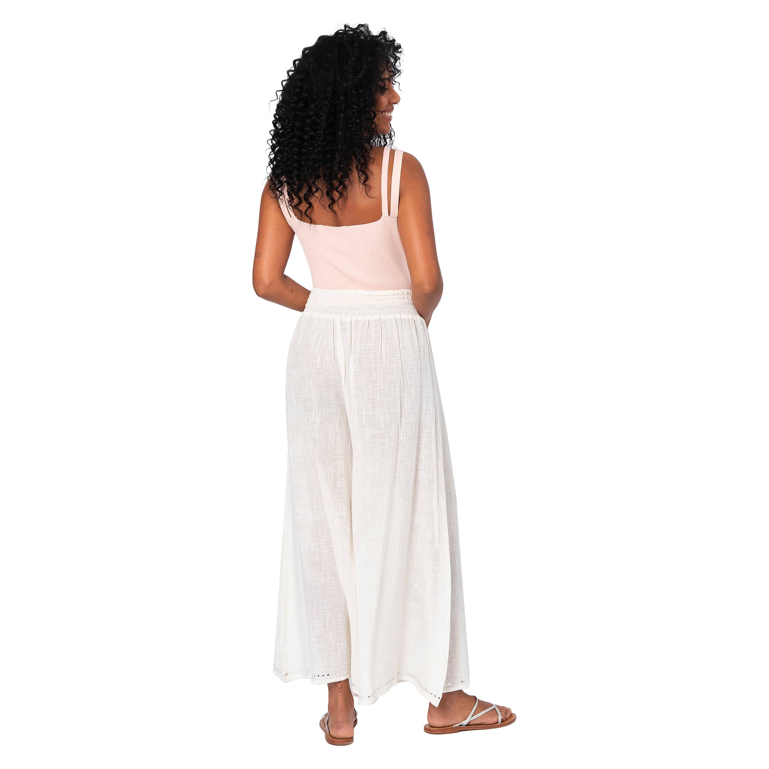La Mano Boho lange Sommerhose mit gerafftem Bund in Weiß