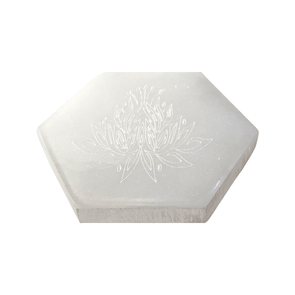 Selenit-Ladeplatte, hexagonal, graviert, 8 cm