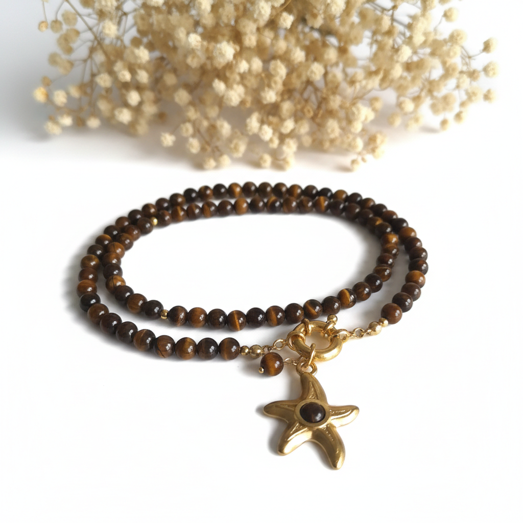 Tigerauge-Steinanhänger 6mm Perlenkette und 3mm Edelstahlperlen