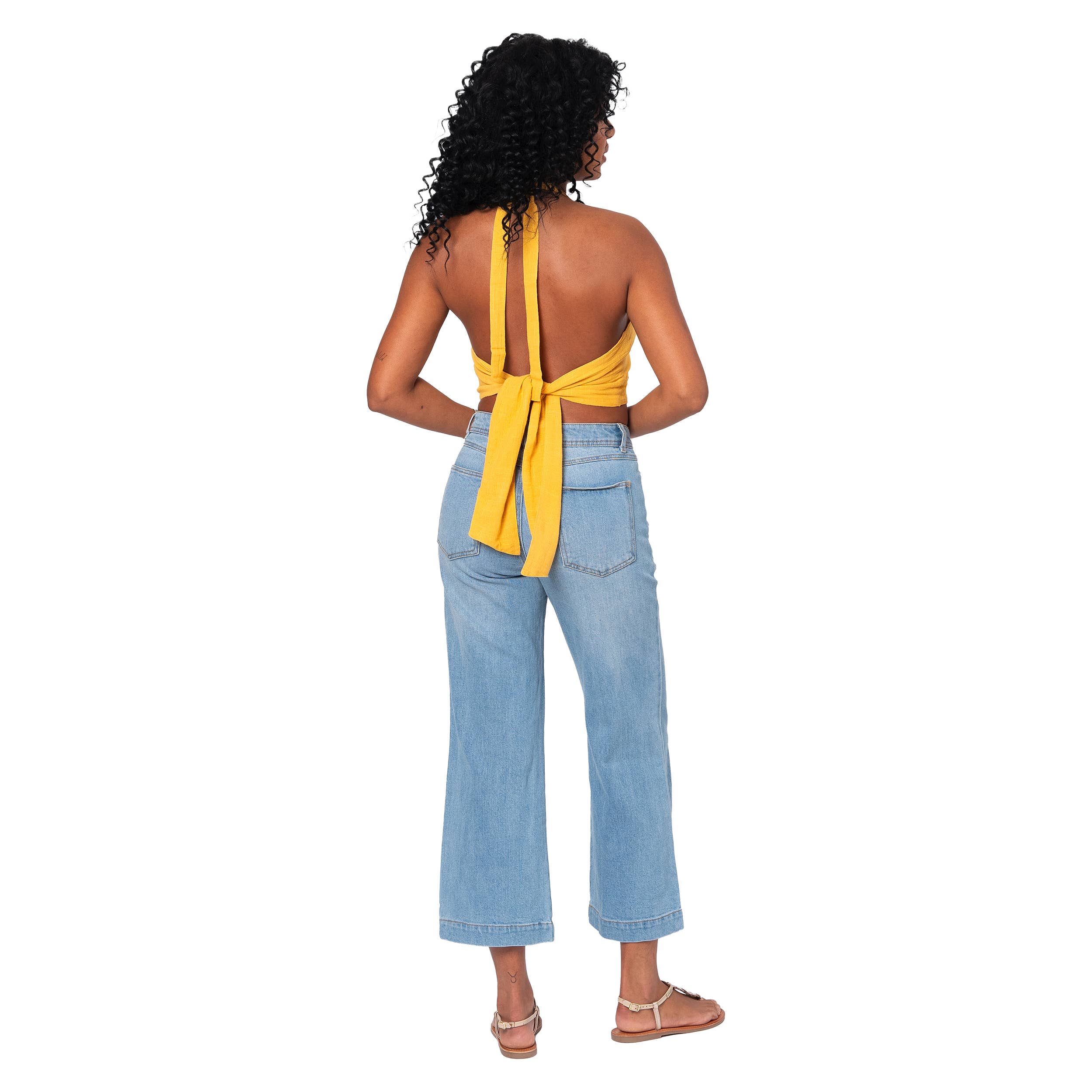 Gelbes ärmelloses Sommer-Crop-Top mit offenem Rücken