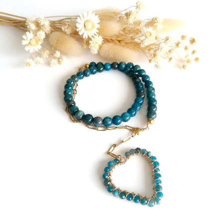 Halskette aus Edelstahl und 8-mm-Steinperlen aus blauem Apatit