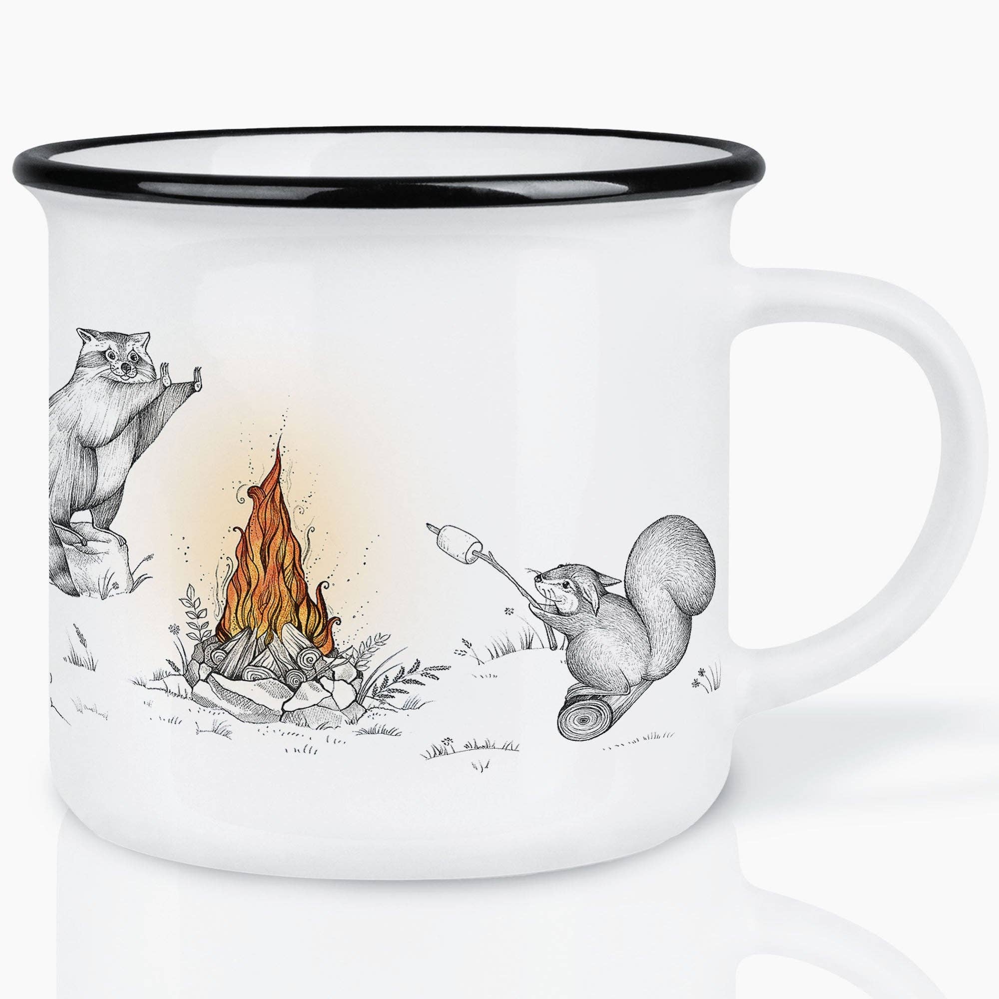 LIGARTI Keramiktasse – Maulwürfe, Waschbär und Eichhörnchen am Lagerfeuer