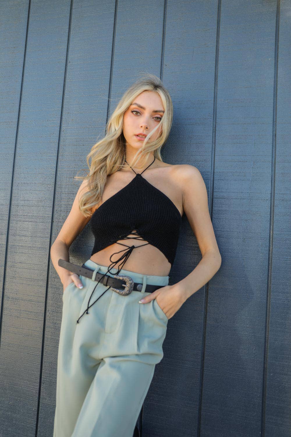 Lace-Up Halter Knit Bralette