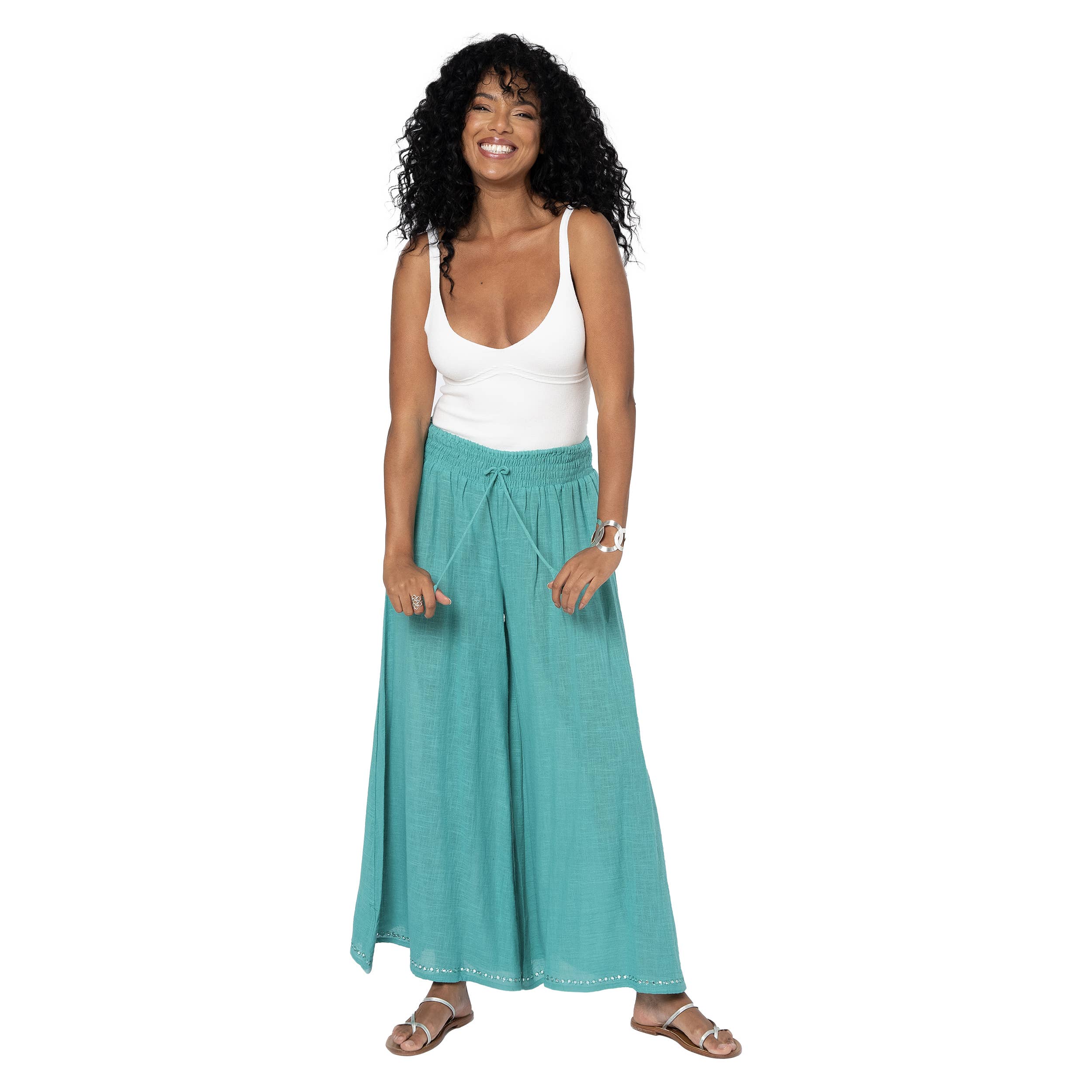 La Mano Boho lange Sommerhose mit gerafftem Bund in Türkis