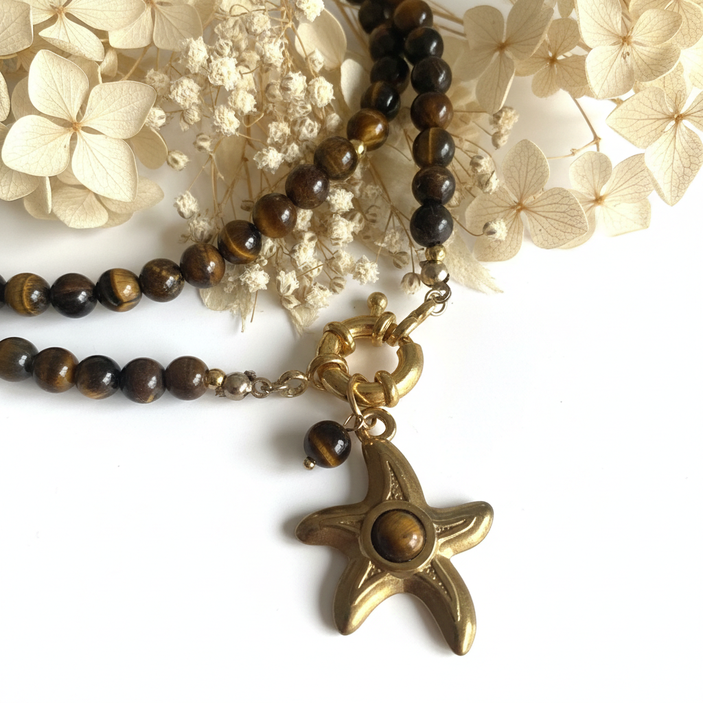 Tigerauge-Steinanhänger 6mm Perlenkette und 3mm Edelstahlperlen