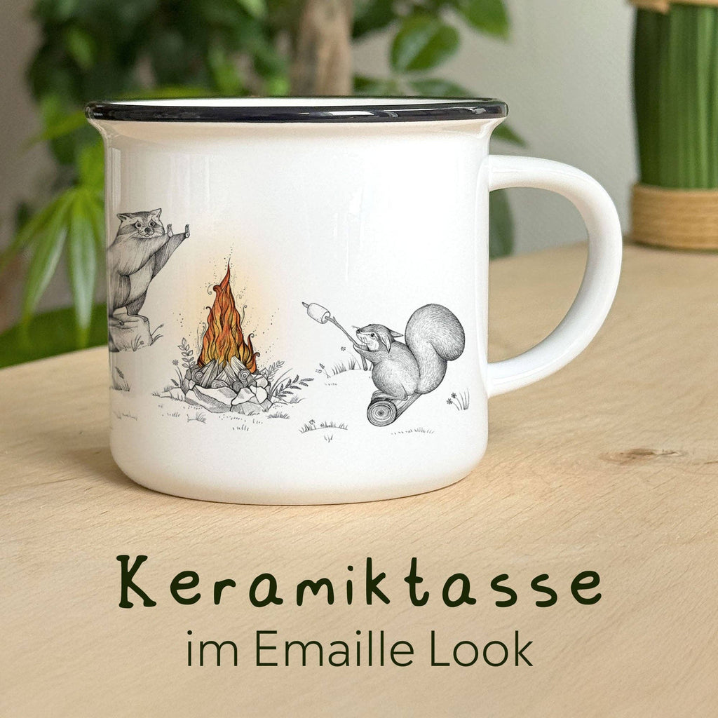 LIGARTI Keramiktasse – Maulwürfe, Waschbär und Eichhörnchen am Lagerfeuer