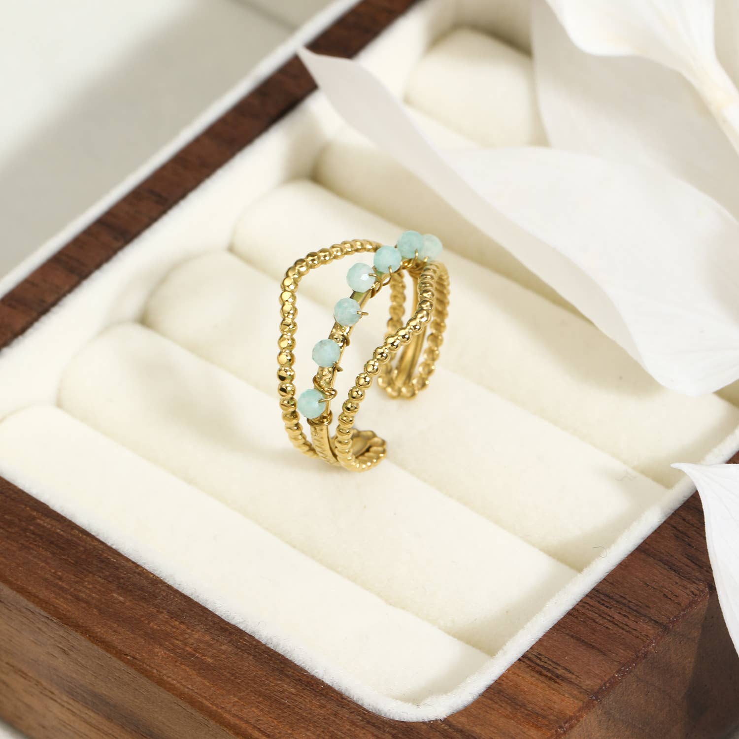 Goldener Ring aus Edelstahl mit Amazonit, verstellbar (Größe 52-60)