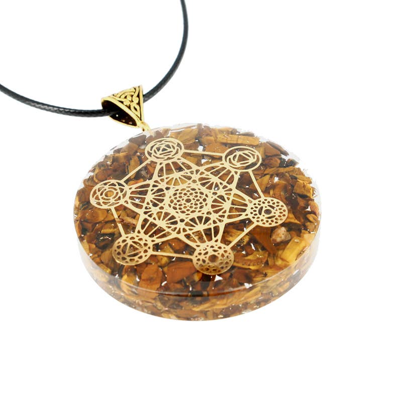 Orgonit Metatron Anhänger mit Tigerauge, 5 cm Durchmesser