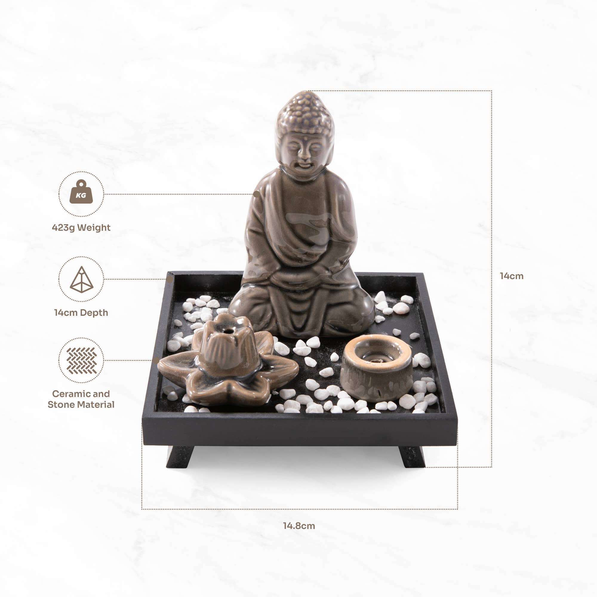 Myga Buddha Räucherset mit Lotus-Kegelhalter und Stäbchenhalter