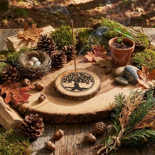 Räucherstäbchenhalter aus Mangoholz „Lebensbaum“ mit Holzrahmen