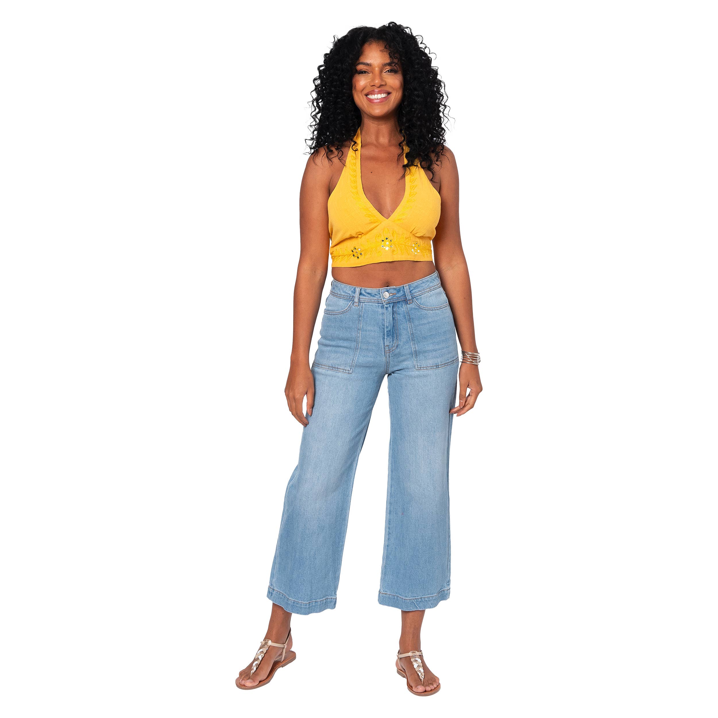 Gelbes ärmelloses Sommer-Crop-Top mit offenem Rücken