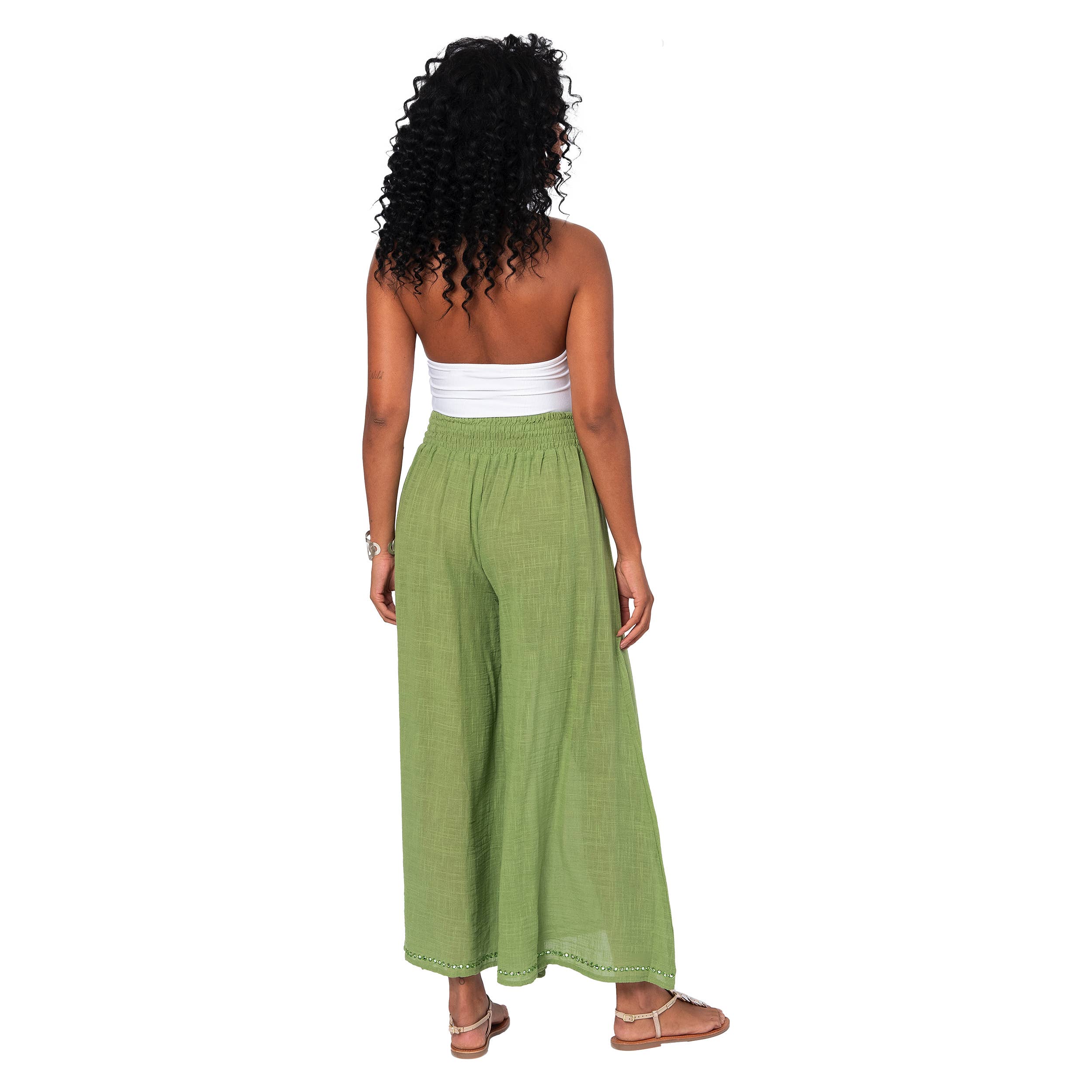 La Mano Boho lange Sommerhose aus 100 % Baumwolle in Grün
