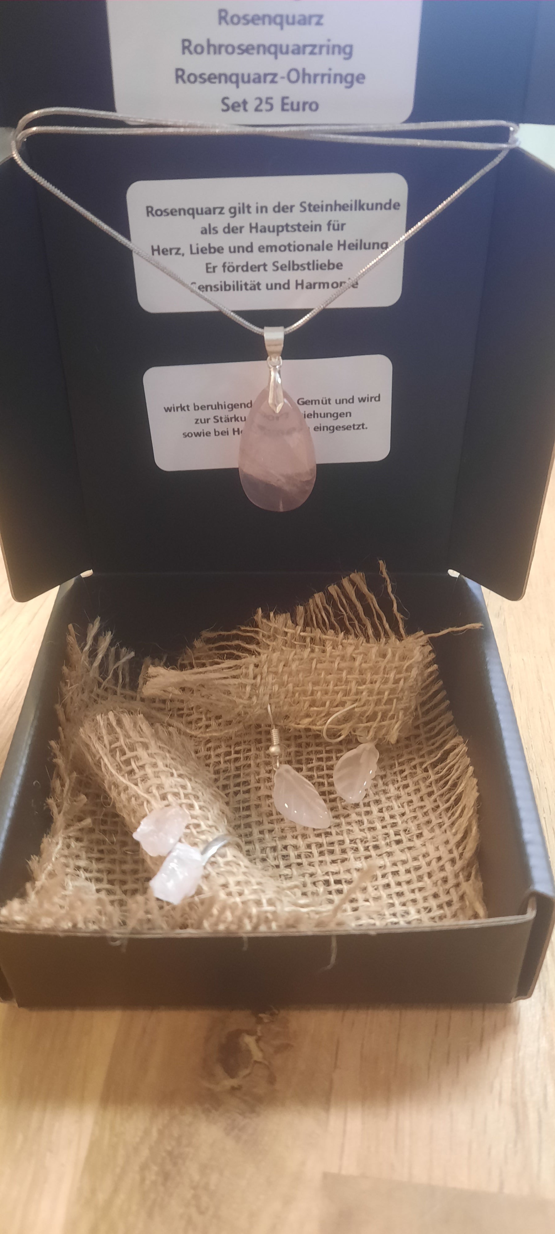 Rosenquarz Set kette&ohrringe verstellbar ring